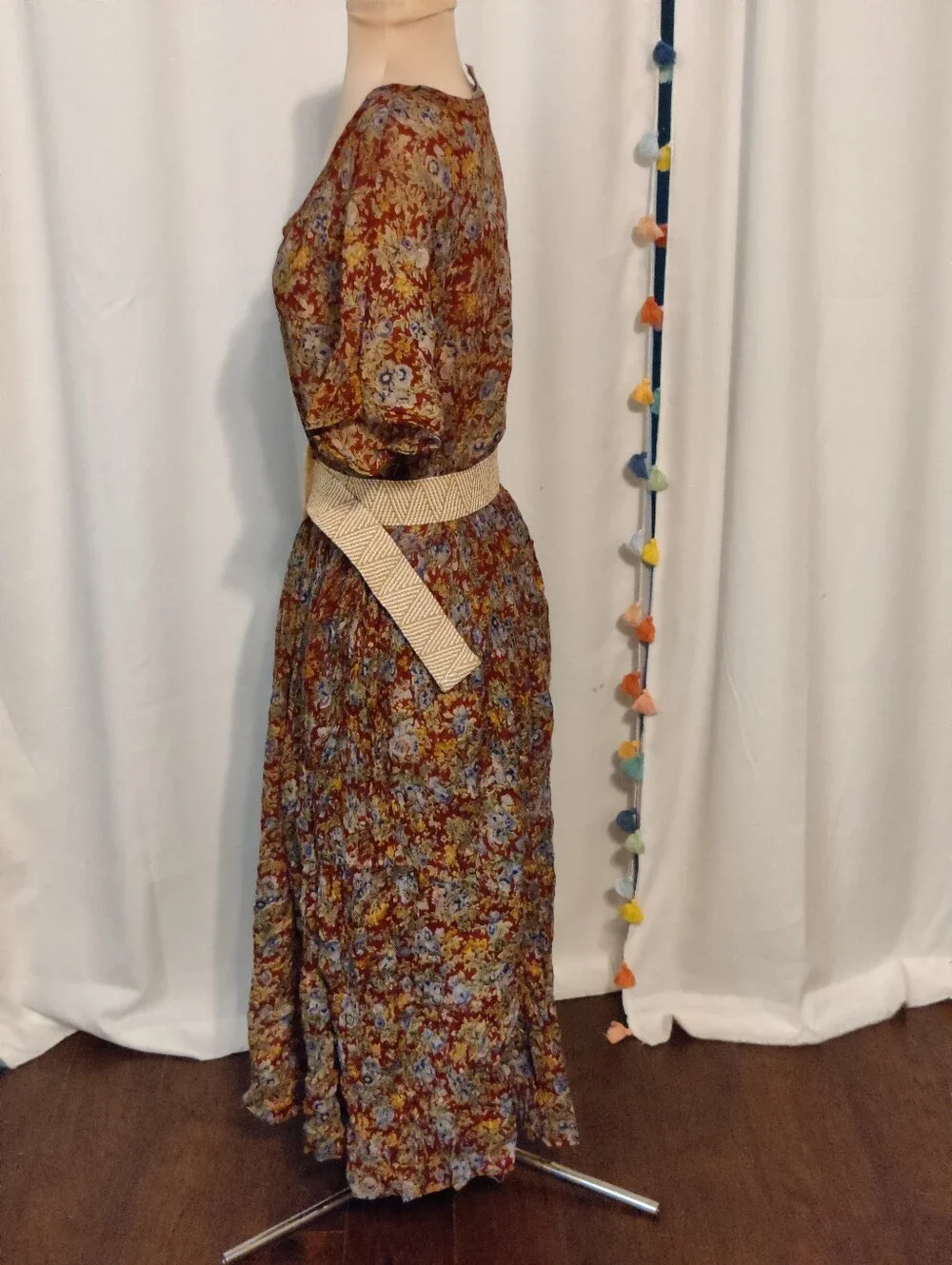 Vintage India Gauze Floral Paperthin Colorblock Maxi Dress Layering Piece LG_4